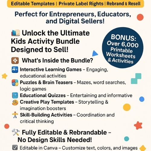 Kids PLR Mega Bundle: 15 Editable Canva Games + 22 Printable Products | Private Label Rights | Rebrand & Resell Educational Content