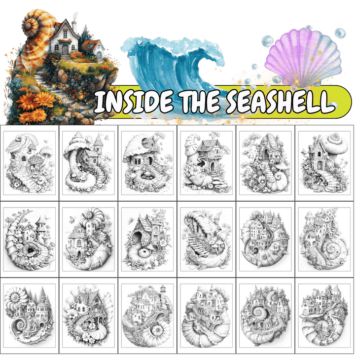 Tiny Imaginative Habitats Inside the Seashell Digital Download PDF 30 Pages Coloring Book for Adults and Kids Printable Colouring Pages