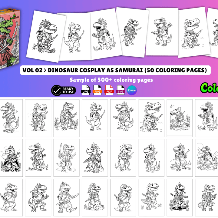 ColorDinos 500+ Unique Dinosaur Cosplay Coloring Pages PLR Fully Editable and Ready to Sell