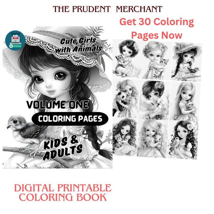 Cute Girls with Animals Vol 1 Digital Download PDF 30 Pages Coloring Book for Adults and Kids Printable Colouring Pages