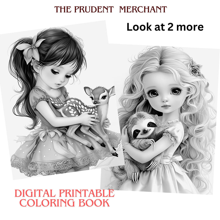 Cute Girls with Animals Vol 1 Digital Download PDF 30 Pages Coloring Book for Adults and Kids Printable Colouring Pages