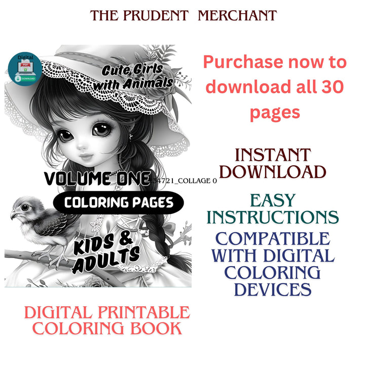 Cute Girls with Animals Vol 1 Digital Download PDF 30 Pages Coloring Book for Adults and Kids Printable Colouring Pages