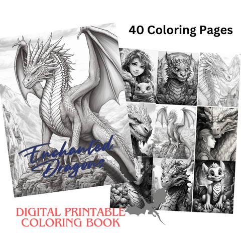 Enchanted Dragons Digital Download PDF 40 Pages Coloring Book for Adults and Kids Printable Colouring Pages