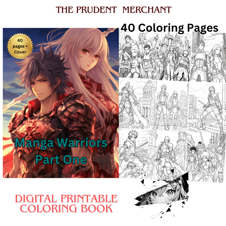 Manga Warriors Part One Digital Download PDF 40 Pages Coloring Book for Adults and Kids Printable Colouring Pages