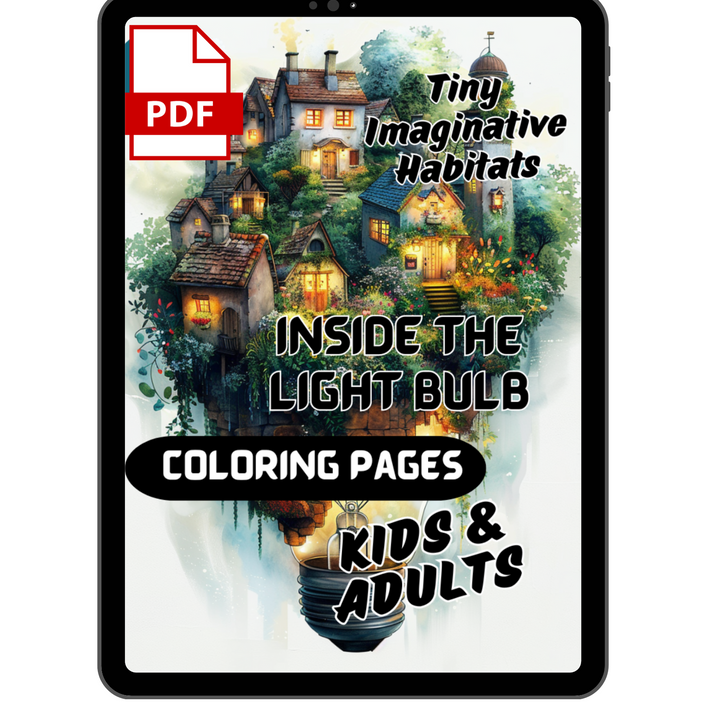 Tiny Imaginative Habitats Inside the Light Bulb Digital Download PDF 30 Pages Coloring Book for Adults and Kids Printable Colouring Pages