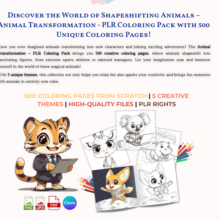 Animal Transformation 500 Unique Coloring Pages for Animal Lovers Digital Download Printable Coloring Sheets For Kids & Adults PLR pack