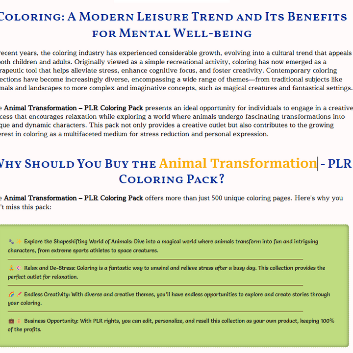 Animal Transformation 500 Unique Coloring Pages for Animal Lovers Digital Download Printable Coloring Sheets For Kids & Adults PLR pack