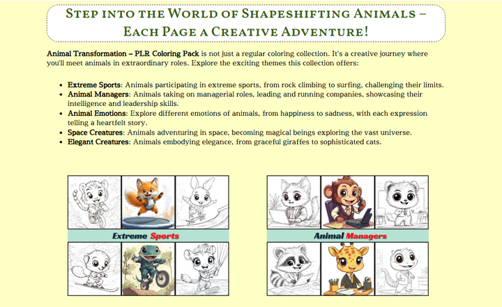 Animal Transformation 500 Unique Coloring Pages for Animal Lovers Digital Download Printable Coloring Sheets For Kids & Adults PLR pack