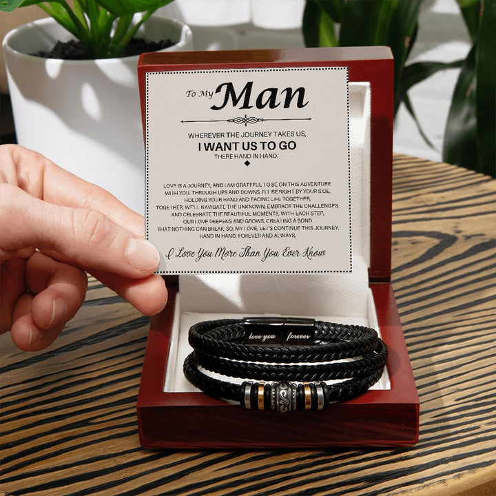 To My Man, Wherever the Journey Takes Us "Love You Forever" Stainless Steel and Vegan Leather Bracelet