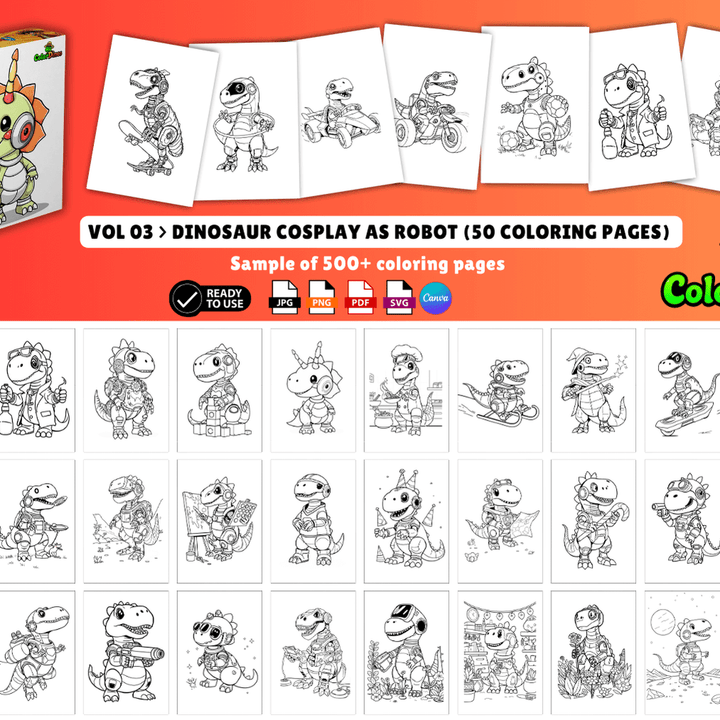 ColorDinos 500+ Unique Dinosaur Cosplay Coloring Pages PLR Fully Editable and Ready to Sell