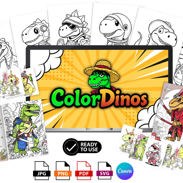 ColorDinos 500+ Unique Dinosaur Cosplay Coloring Pages PLR Fully Editable and Ready to Sell