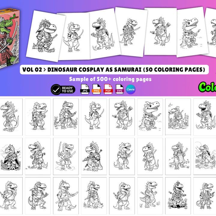 ColorDinos 500+ Unique Dinosaur Cosplay Coloring Pages PLR Fully Editable and Ready to Sell