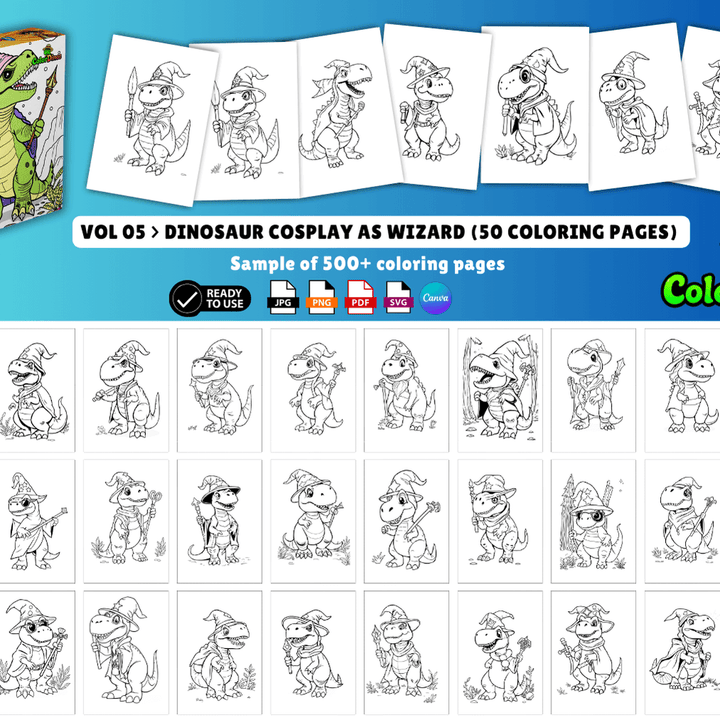 ColorDinos 500+ Unique Dinosaur Cosplay Coloring Pages PLR Fully Editable and Ready to Sell