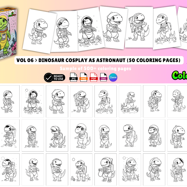 ColorDinos 500+ Unique Dinosaur Cosplay Coloring Pages PLR Fully Editable and Ready to Sell