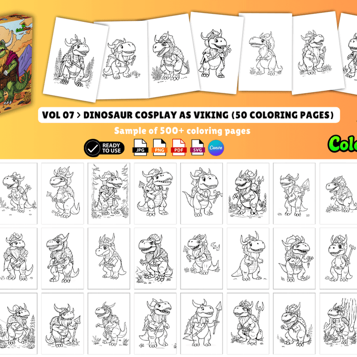 ColorDinos 500+ Unique Dinosaur Cosplay Coloring Pages PLR Fully Editable and Ready to Sell