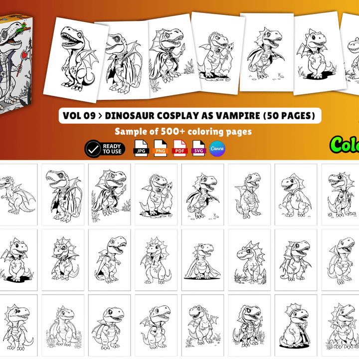 ColorDinos 500+ Unique Dinosaur Cosplay Coloring Pages PLR Fully Editable and Ready to Sell