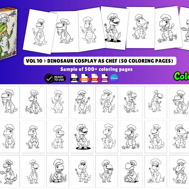 ColorDinos 500+ Unique Dinosaur Cosplay Coloring Pages PLR Fully Editable and Ready to Sell