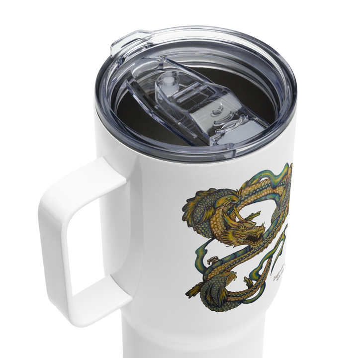 Introducing the Dragon and Koi yin and yang Travel mug with a handle by Alex